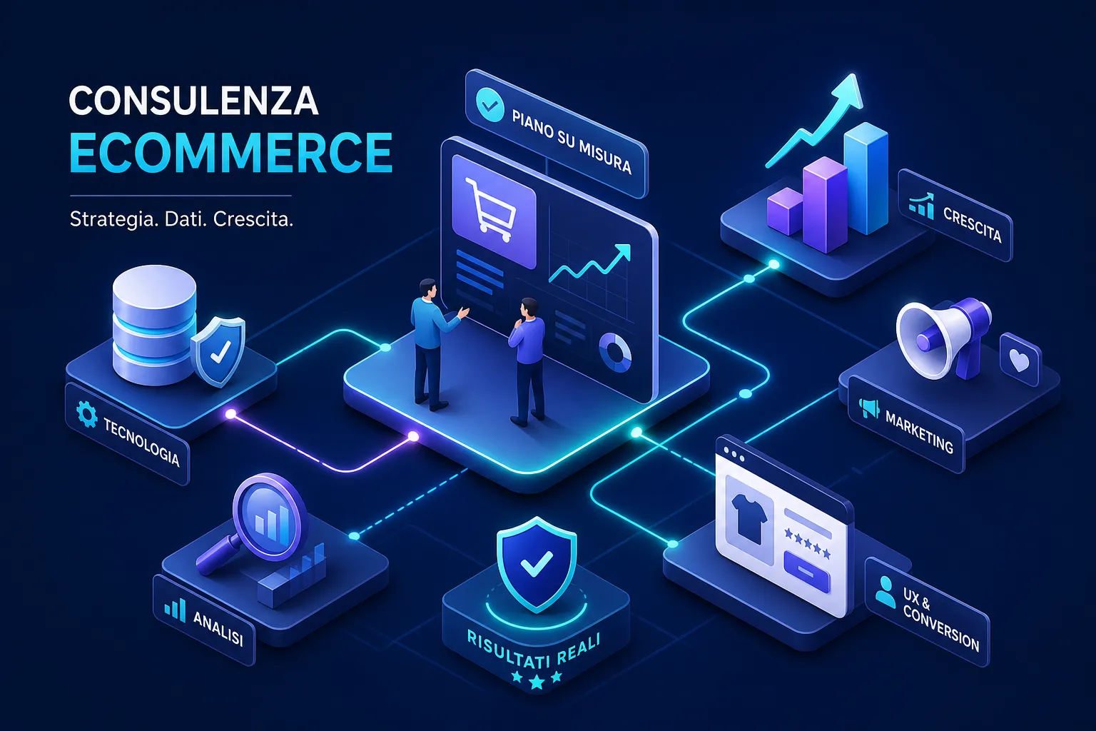 Schema della consulenza eCommerce: tecnologia, analisi, UX, marketing e crescita collegati a un piano su misura
